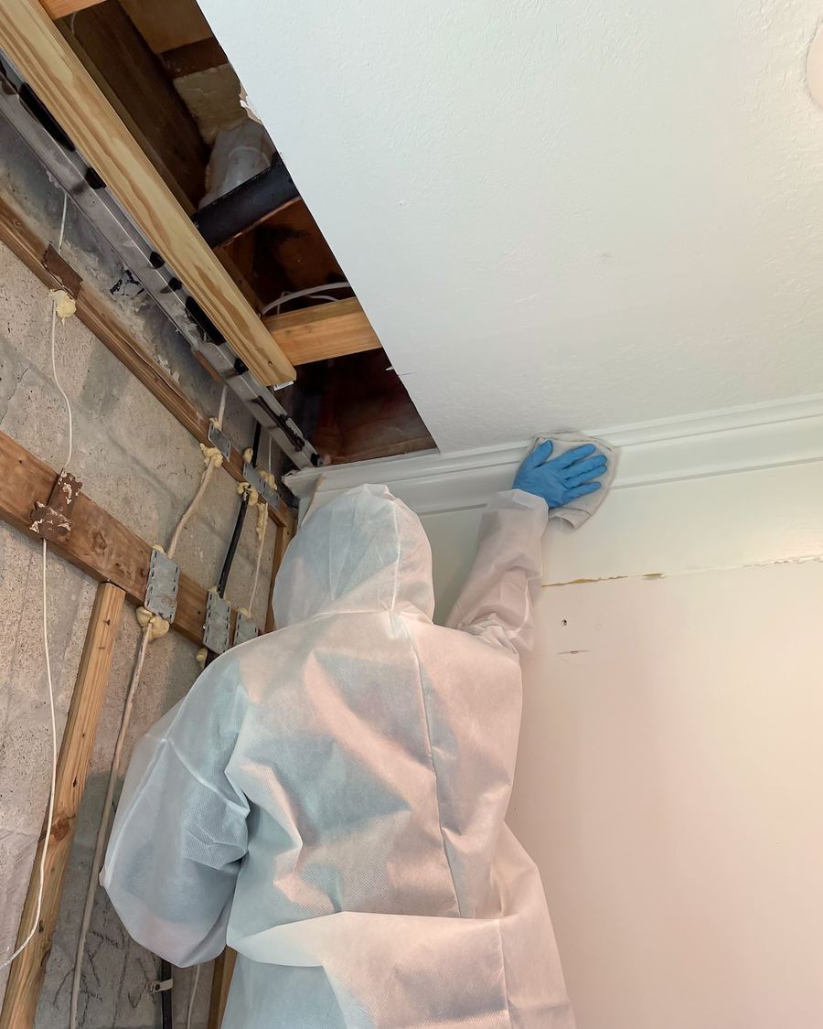 PPE technician cleaning wall trim with blue gloves