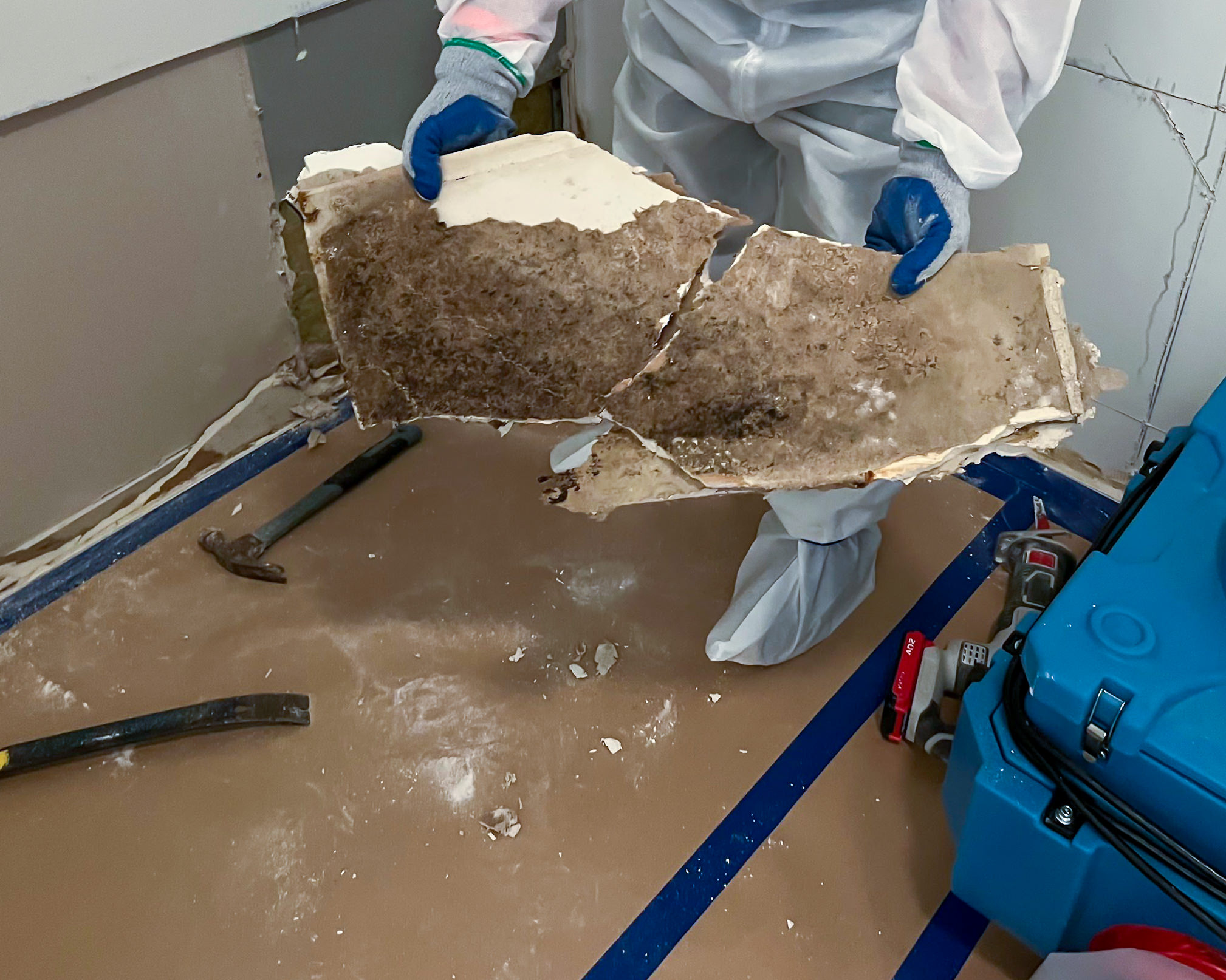 PPE-suited specialist removing damaged material during restoration