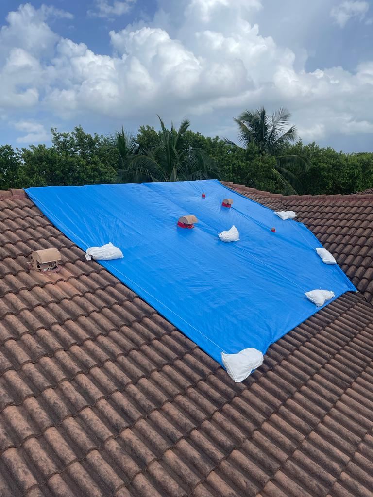 Blue roof tarp with sandbag anchors installed on South Florida home, palm trees visible